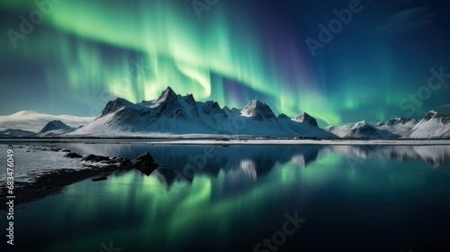  the aurora bore is reflected in the still water of a lake surrounded by snow covered mountains and snow - capped peaks.
