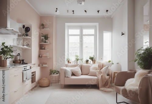 Scandinavian style small studio apartment with stylish design in light pastel colors with big window
