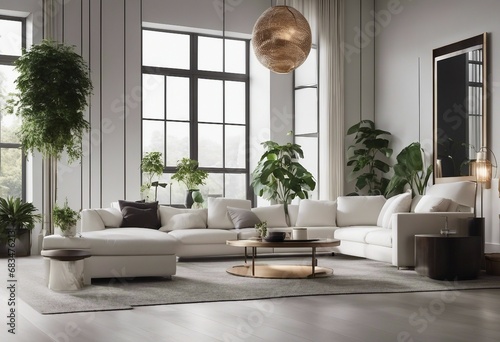 Stylish living room interior of modern apartment with white sofa potted plants and small table