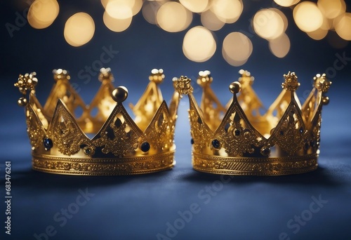 Three shiny golden crowns on navy blue background Three Kings day or Epiphany day holiday celebrati (3)