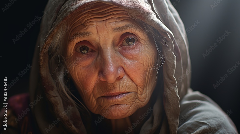 An old woman in tunic looking at viewer An old woman in tunic looking at viewer