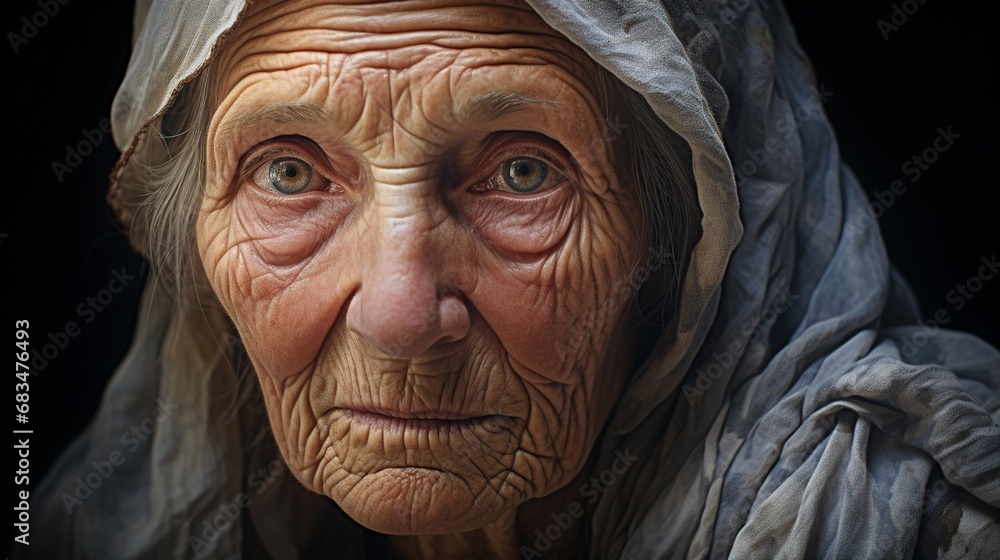 An old woman in tunic looking at viewer An old woman in tunic looking at viewer