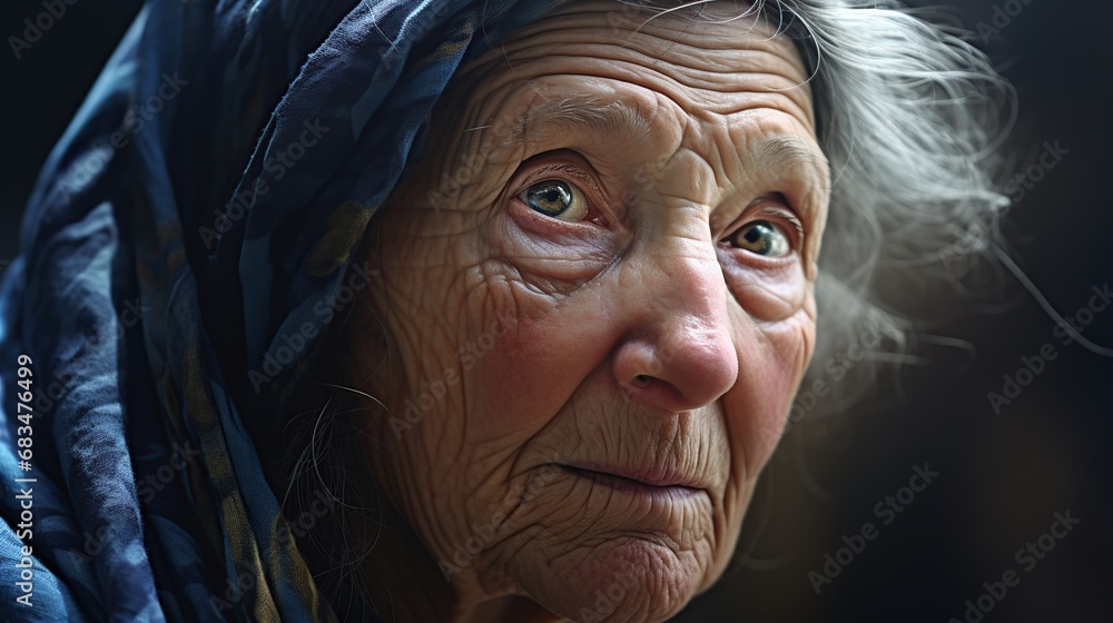An old woman in tunic looking at viewer An old woman in tunic looking at viewer