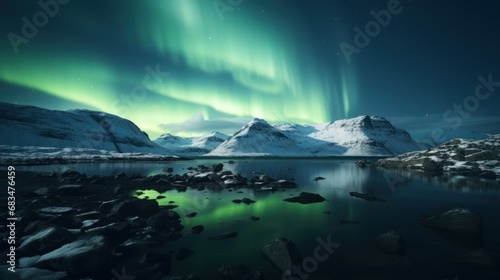 a green and blue aurora bore above a mountain range and a body of water with rocks in the foreground.