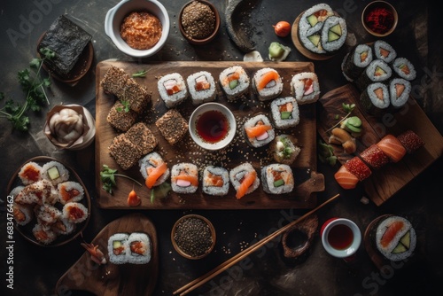 Table full of assortment different types of sushi rolls and seafood. Ready for  Asian Japanese food party.  