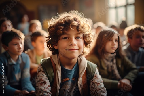 Young boy with curly hair smiling in a classroom setting, perfect for educational themes and children's programs.