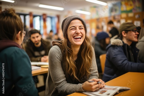 Joyful student laughing in a college setting, perfect for educational themes and youthful lifestyle imagery.