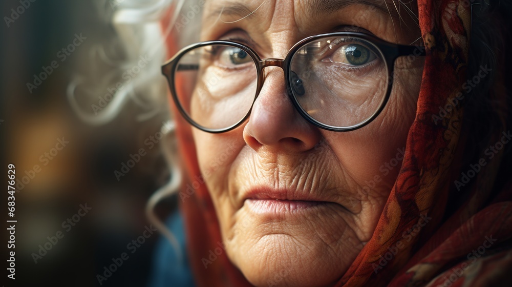 An old woman in tunic looking at viewer An old woman in tunic looking at viewer