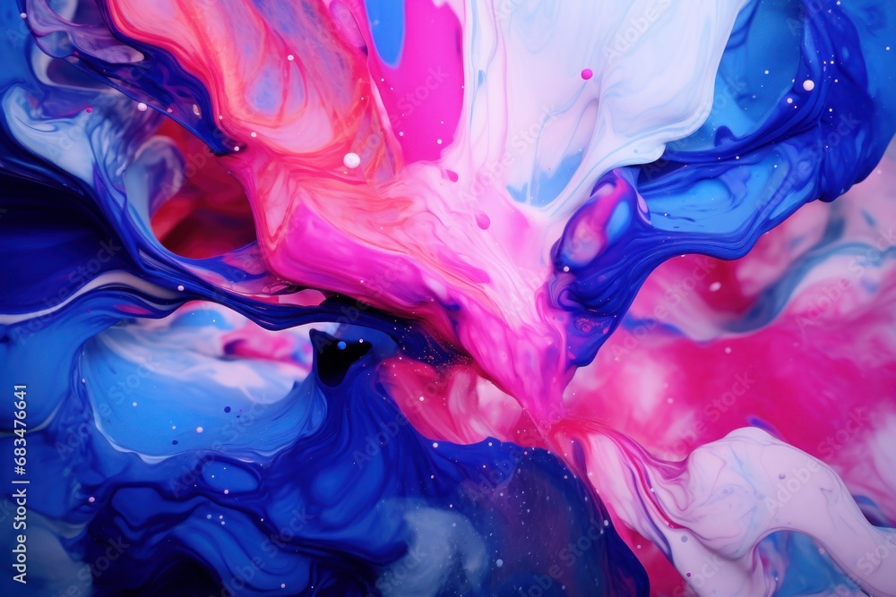 A vibrant explosion of ink in water, blending pink, purple, and blue hues for a dreamlike artistic effect.