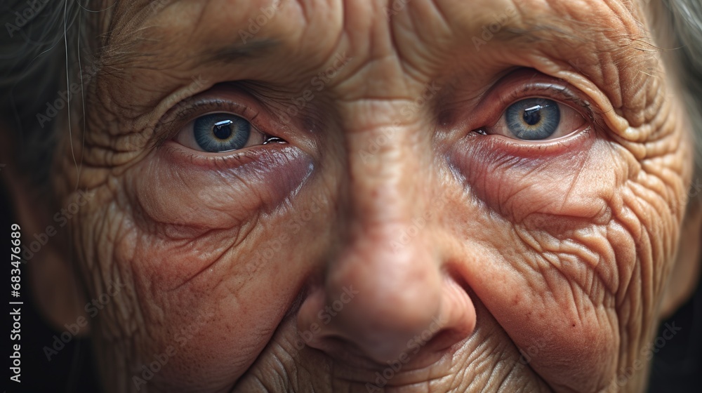 An old woman in tunic looking at viewer An old woman in tunic looking at viewer