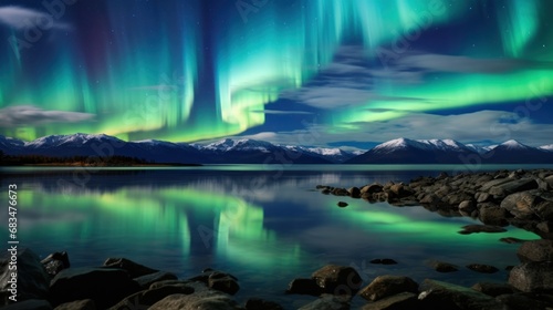  a beautiful view of the northern lights over a lake with rocks in the foreground and mountains in the background.