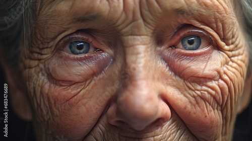 An old woman in tunic looking at viewer