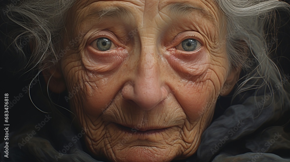 An old woman in tunic looking at viewer An old woman in tunic looking at viewer