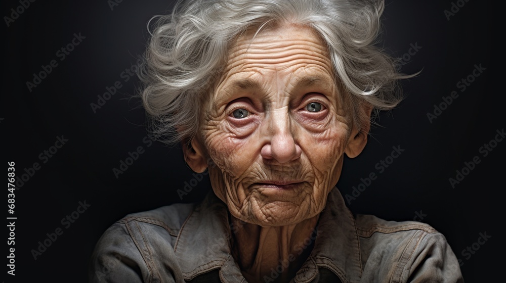 An old woman in tunic looking at viewer