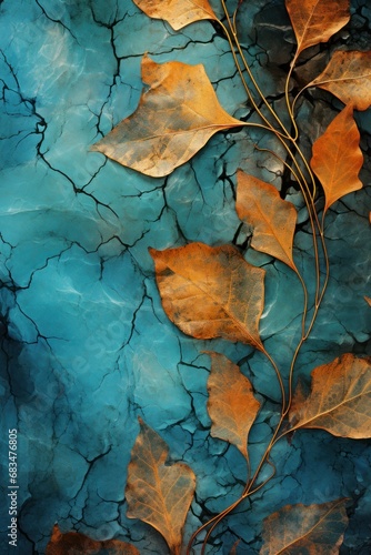Close-up of a leaf with a striking vein pattern  overlaid with rich blue and brown hues  evoking nature s complexity.
