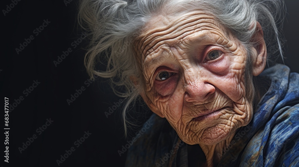 An old woman in tunic looking at viewer An old woman in tunic looking at viewer