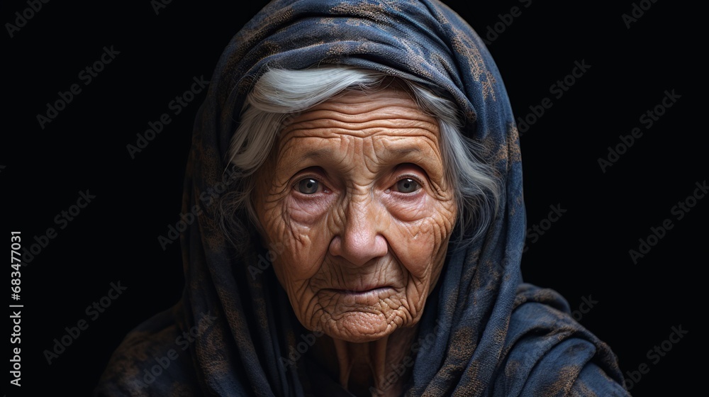 An old woman in tunic looking at viewer