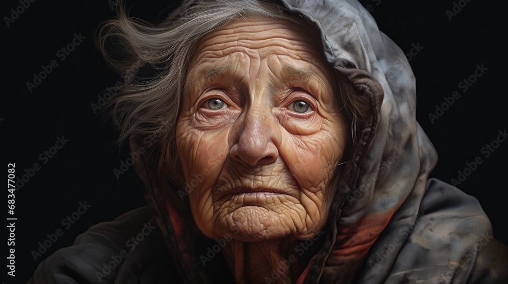 An old woman in tunic looking at viewer An old woman in tunic looking at viewer