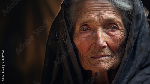 An old woman in tunic looking at viewer