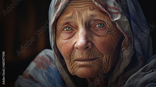 An old woman in tunic looking at viewer