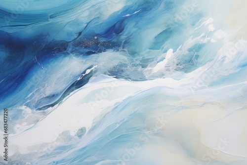 Abstract blue and white fluid painting, reminiscent of ocean waves and clouds, evoking serenity and depth.