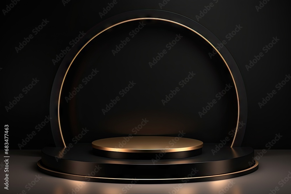 sphere on black background. golden podium