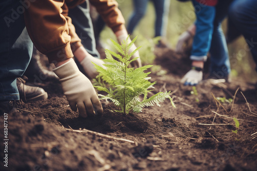 People planting forest. Volunteers hands with gloves planting saplings, small conifers trees seedling. Ecology, world environment day, volunteering, sustainable lifestyle. Arbor Day
