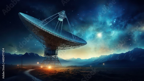 Big radio telescope pointing to the night sky created with Generative AI photo