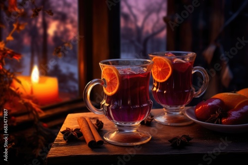 Mug with mulled wine with orange and cinnamon