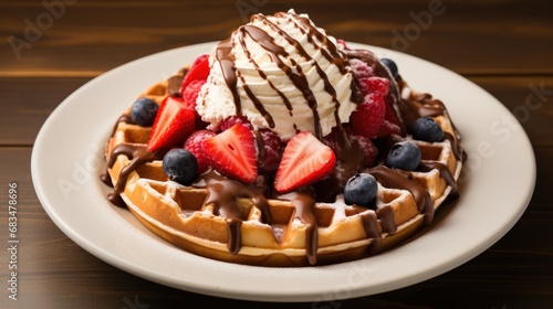  a waffle topped with strawberries, blueberries, and whip cream and drizzled with chocolate.