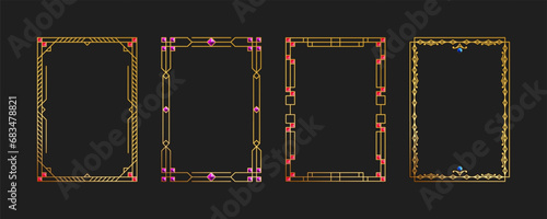 Gold geometric frame inlaid with jewelry stones. Gold label, divider, vintage golden frame template. Isolated vector set, cartoon. Abstract, modern, deco, ancient, antique pattern. Layout A4 format.