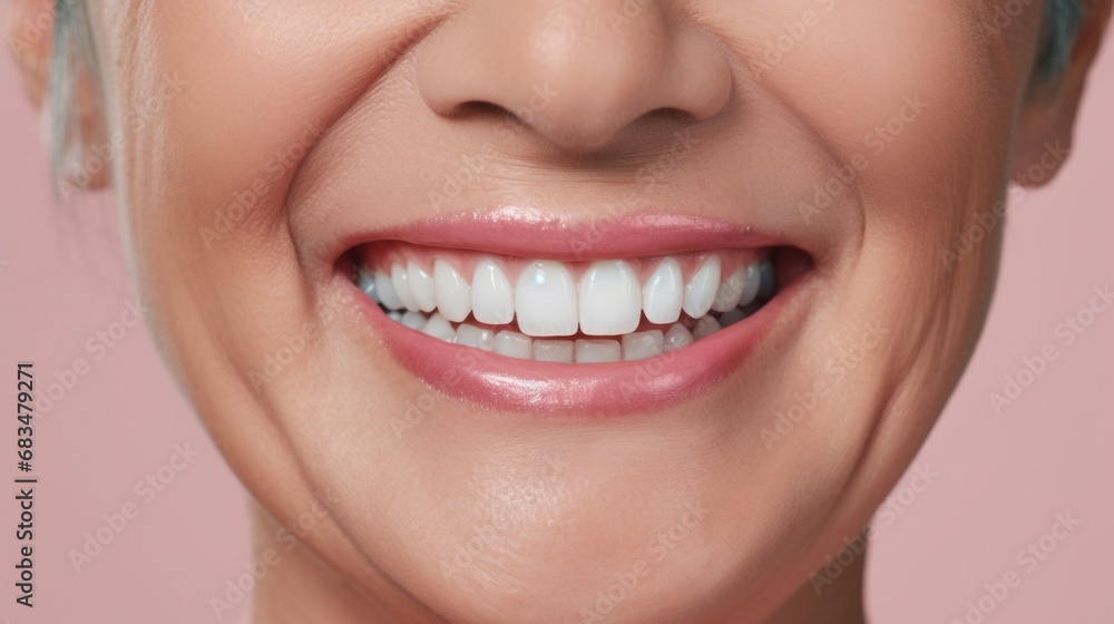 Fototapeta premium Senior woman radiates joy, showcasing flawless teeth in a studio with soft lighting.