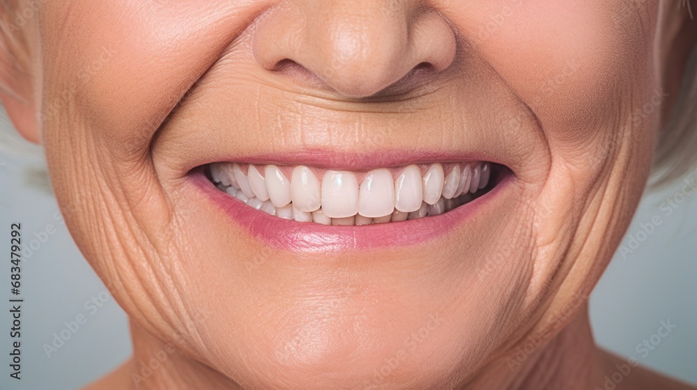In a clear studio setting, a senior woman smiles brightly, showcasing her radiant teeth. In a clear studio setting, a senior woman smiles brightly, showcasing her radiant teeth.