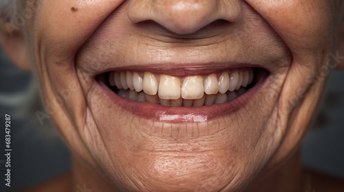 In a clear studio setting, a senior woman smiles brightly, showcasing her radiant teeth.