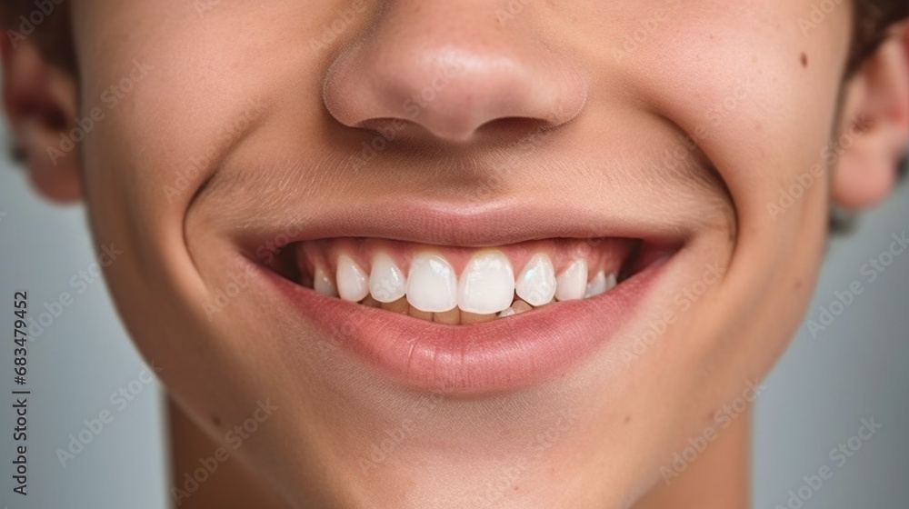 Obraz premium Happy teen boy smiles with perfect teeth against a beige studio backdrop.