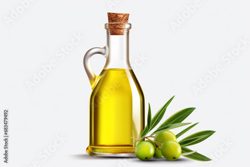 Olive oil in a glass bottle and olives on a white background, Generative Ai