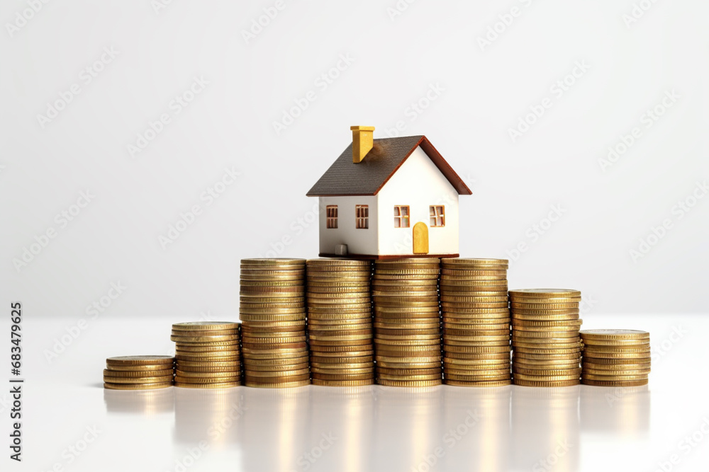 House model and coins on white background, real estate investment concept, Generative Ai House model and coins on white background, real estate investment concept, Generative Ai