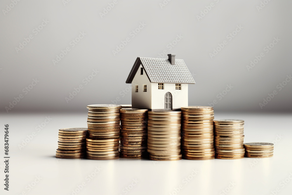 House model and coins on white background, real estate investment concept, Generative Ai House model and coins on white background, real estate investment concept, Generative Ai