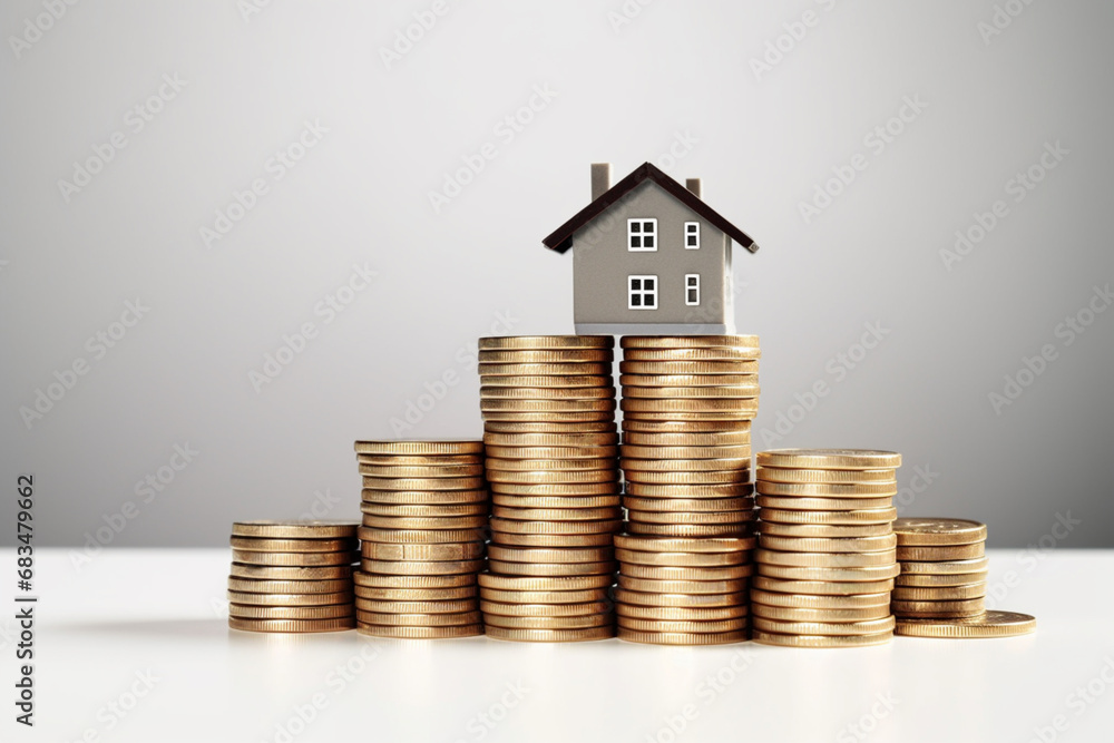 House model and coins on white background, real estate investment concept, Generative Ai House model and coins on white background, real estate investment concept, Generative Ai