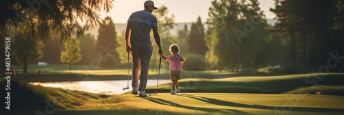 Dad teaches his child to play golf, dad and child on a golf course