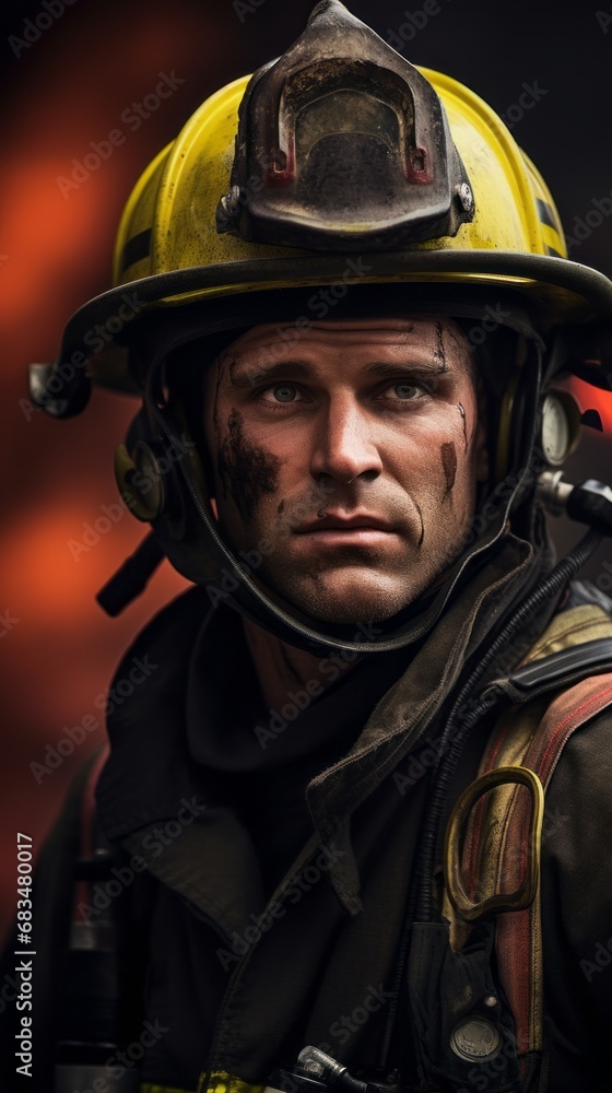 Close-up of a firefighter's face in soot and grime, a worthy dangerous profession Close-up of a firefighter's face in soot and grime, a worthy dangerous profession