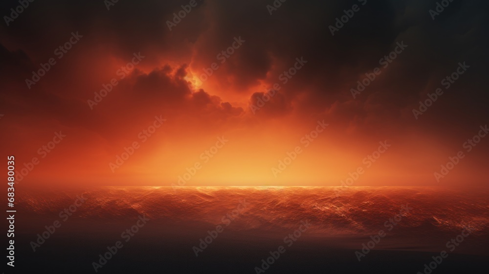a large body of water under a cloudy sky with a large wave in the foreground and a bright orange sky in the background. a large body of water under a cloudy sky with a large wave in the foreground and a bright orange sky in the background.