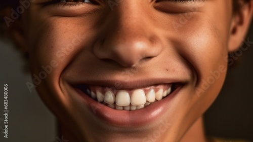 Teen boy radiates joy, standing against a light beige background with flawless teeth.