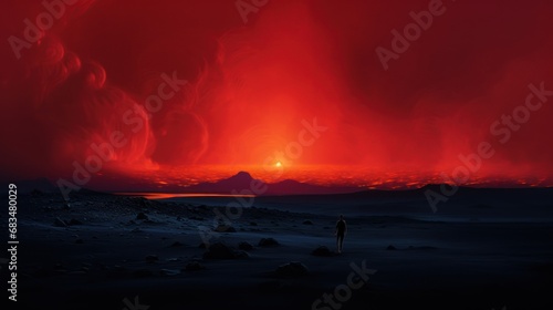  a man standing in the middle of a desert under a red sky with a sun in the middle of the sky.