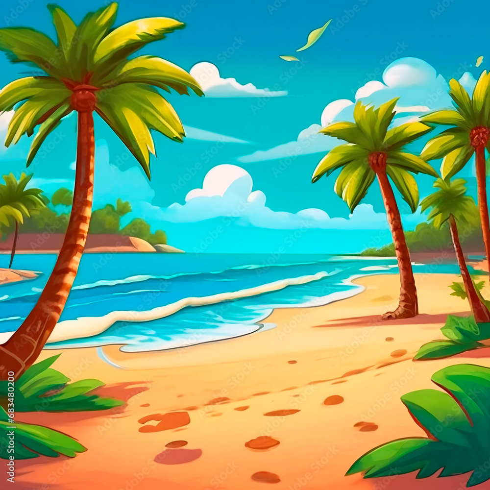 beach with palm trees and sun