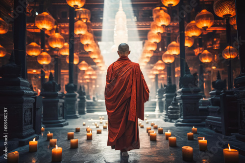 Back shot of asian monk in a buddhist temple praying, religious concept, buddhist monk dressed in orange robe while praying in gorgeous temple