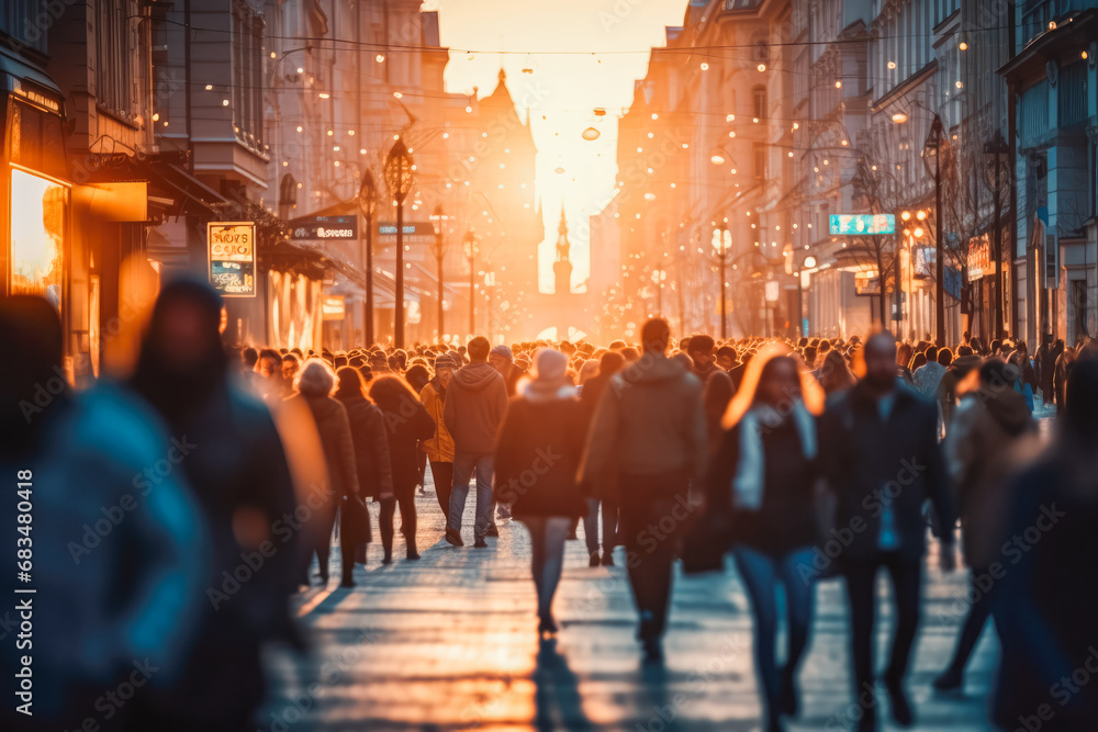 Crowded blurred street in Europe with beautiful sunset in the background, groups of people hurrying through streets of big city in Europe