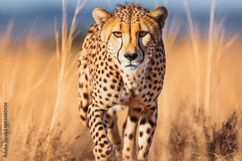 Shot of beautiful cheetah spotting and stalking for prey on savanna ground, close up shot of dangerous cheetah searching for food in wild Shot of beautiful cheetah spotting and stalking for prey on savanna ground, close up shot of dangerous cheetah searching for food in wild