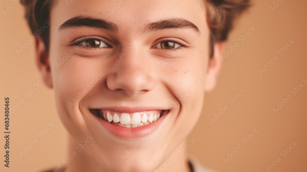 Cheerful teen boy grins, his teeth shining against a clear, beige setting. Cheerful teen boy grins, his teeth shining against a clear, beige setting.