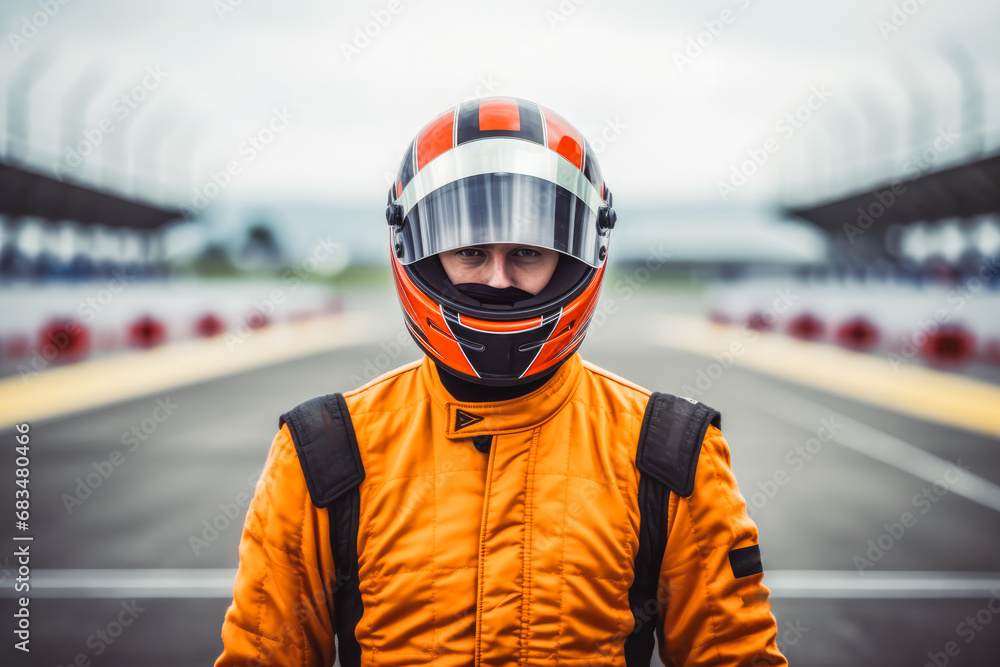 Portrait of formula one racing driver looking focus with safety helmet and uniform on before the start of competition or racing tournament Portrait of formula one racing driver looking focus with safety helmet and uniform on before the start of competition or racing tournament